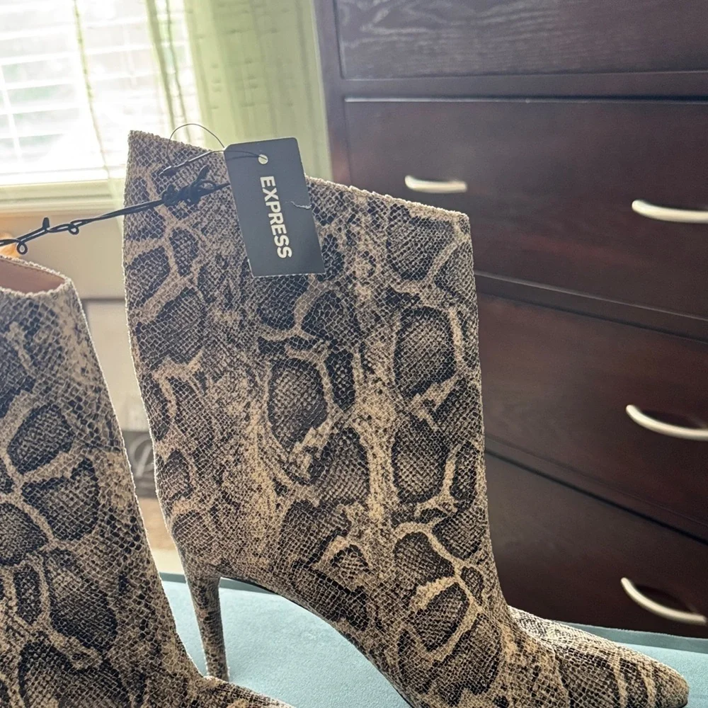 Express Textured Snake Print Booties - Tan and Black